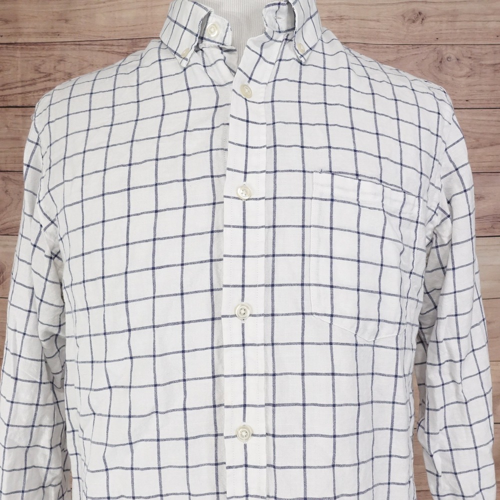 BANANA REPUBLIC LINEN COTTON BLEND WHITE CHECK BUTTON DOWN SHIRT MENS SZ L